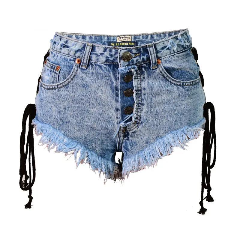 Street High Waist Lace Up Button Down Frayed Denim Shorts - Blue  Fashionpara