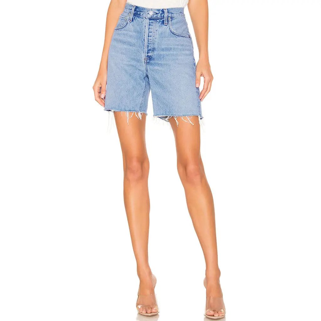 Street Style High Waist Frayed Bermuda Denim Shorts - Blue  Fashionpara