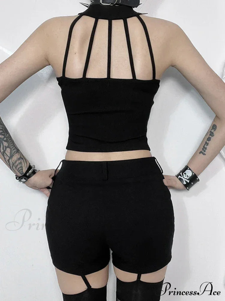 Streetwear Gothic Black Dark Cyber Punk Patchwork Cross Alt Grunge Crop Top