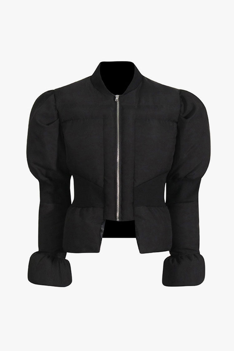 Elegant Padded Peplum Coat with Stand Collar and Zip Closure