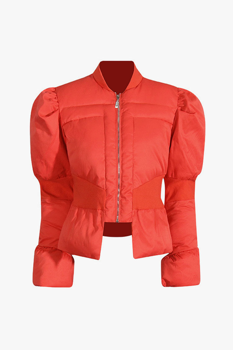 Elegant Padded Peplum Coat with Stand Collar and Zip Closure