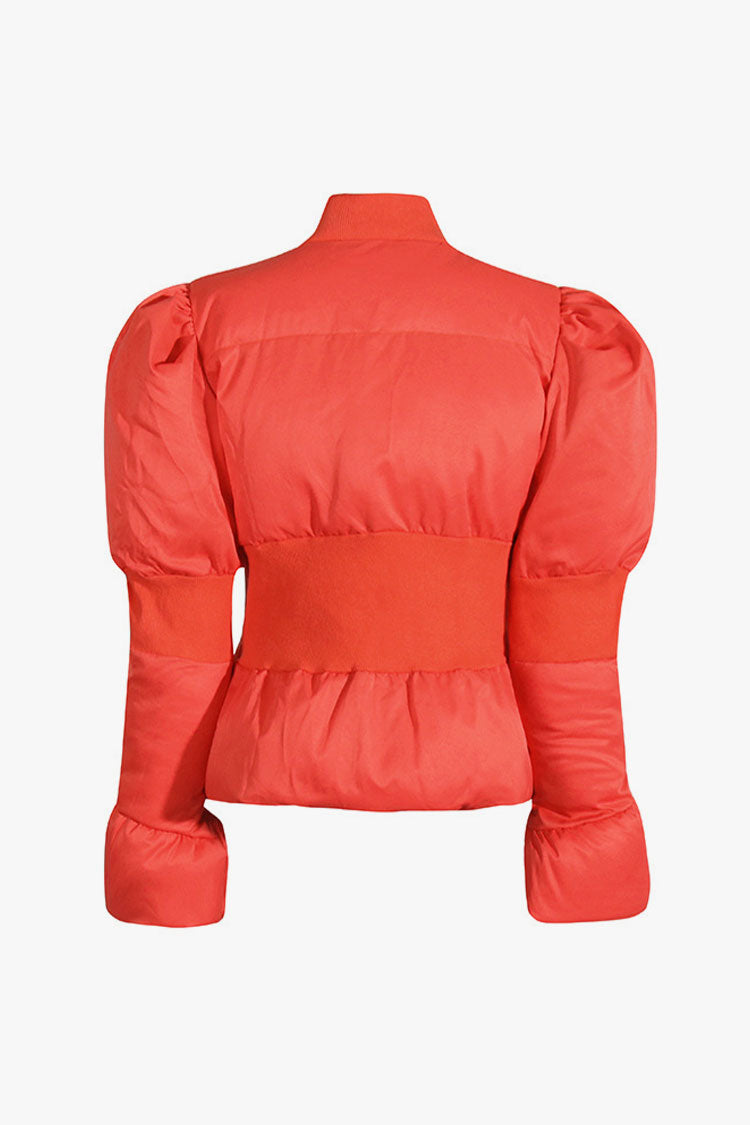 Elegant Padded Peplum Coat with Stand Collar and Zip Closure