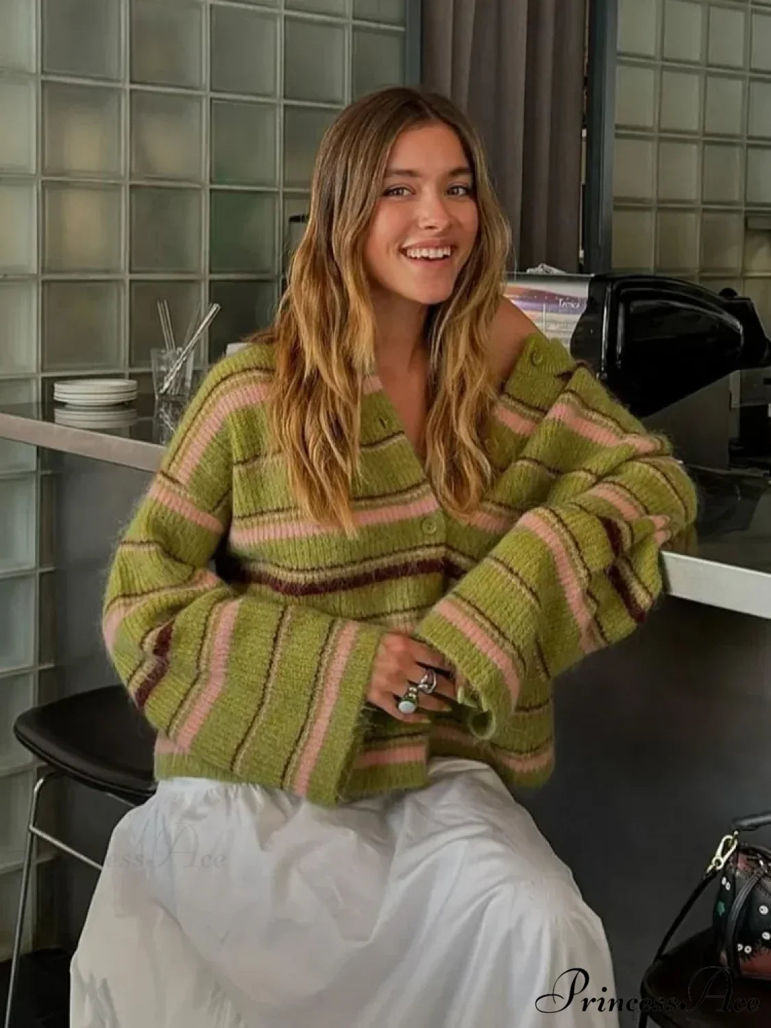 Stripe V-neck Single Breasted Cardigan