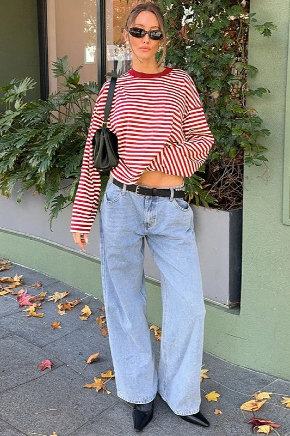 Striped Color Block Crew Neck Loose Long Sleeve Tee