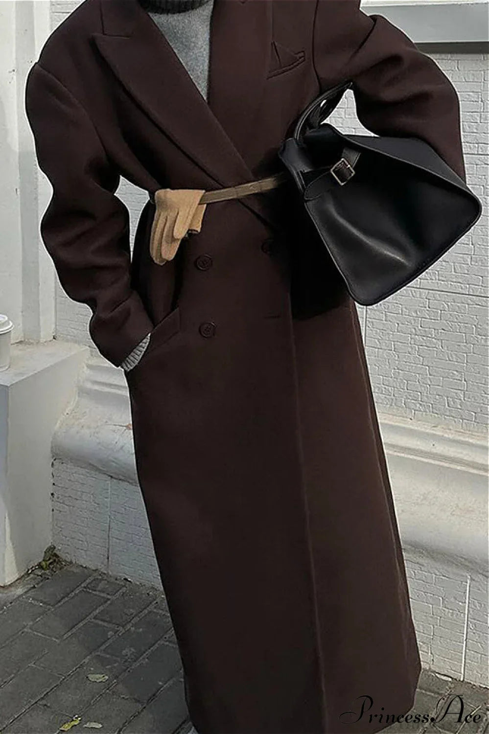 Striped Long Collared Elegant Trench Overcoat Brown / S
