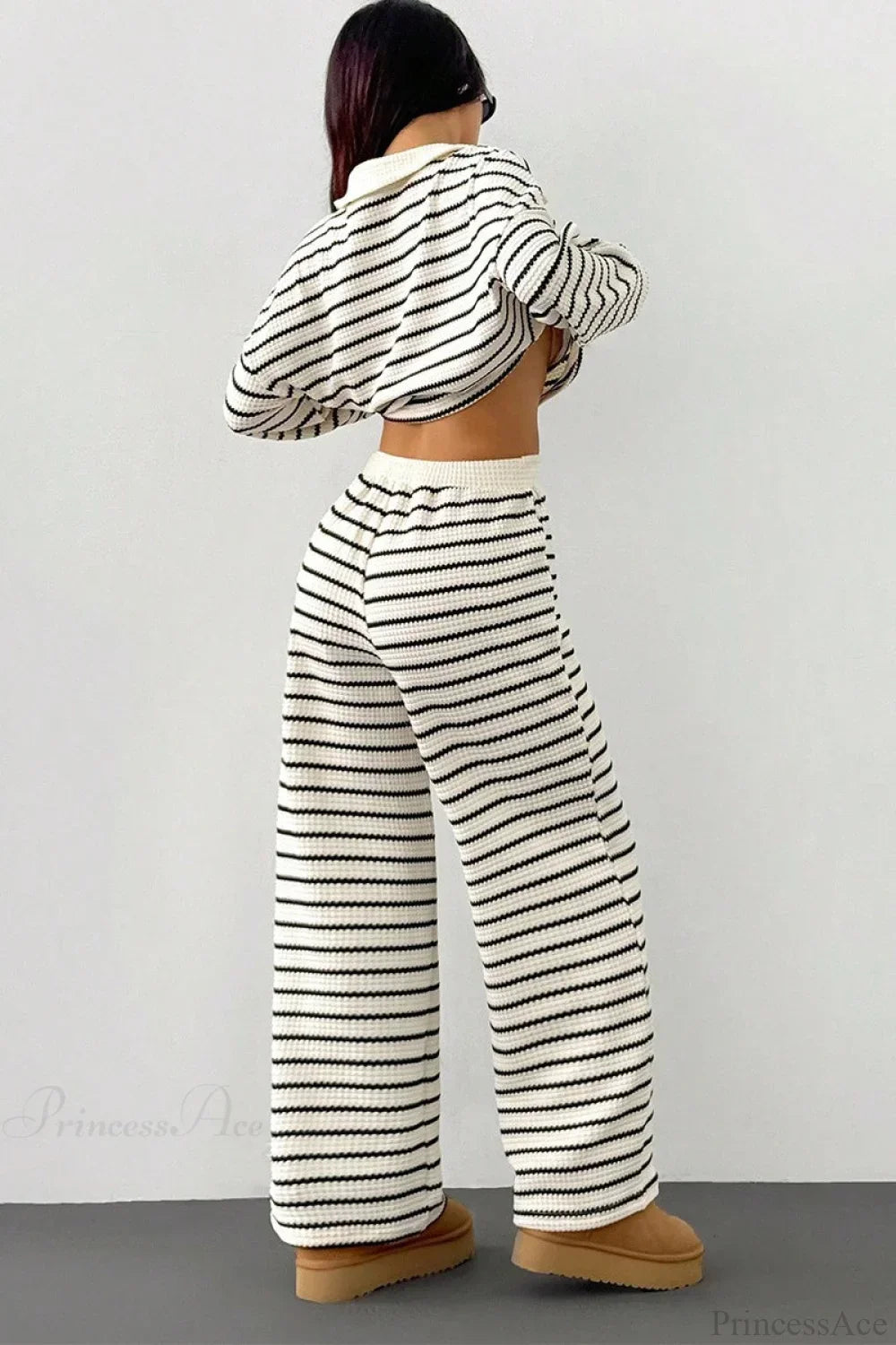 Striped Long Sleeve Pullover Wide Leg Two Piece Set
