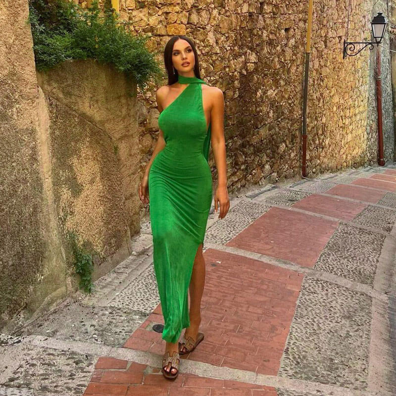 One Shoulder Sleeveless Backless High Split Formal Maxi Dress