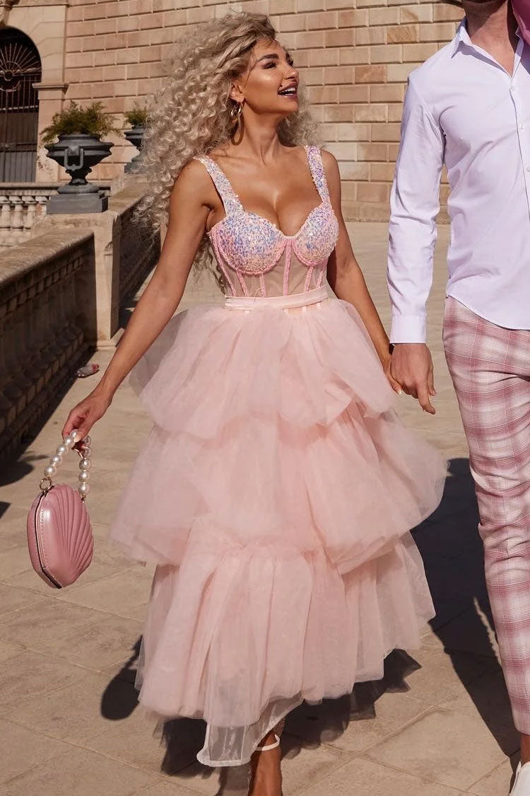 Sequin Sweetheart Corset Tiered Tulle Maxi Dress
