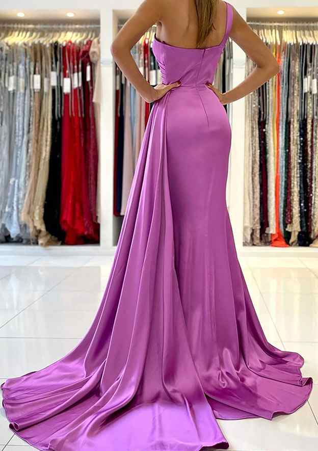 Stunning Trumpet/Mermaid One-Shoulder Sleeveless Satin Prom Dress/Evening Dress With Pleated Sweep Train - Fashionpara