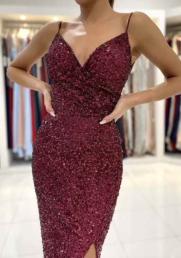 Stunning Trumpet/Mermaid V-Neck Sleeveless Prom Dress/Evening Dress With Split - Fashionpara