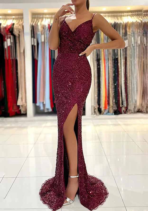 Stunning Trumpet/Mermaid V-Neck Sleeveless Prom Dress/Evening Dress With Split - Fashionpara