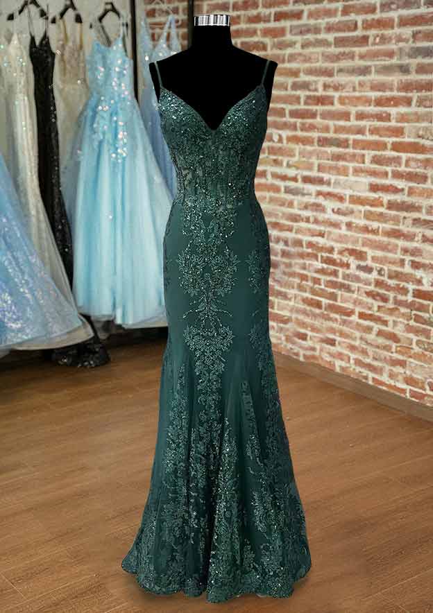 Stunning Tulle Prom Dress/Evening Dress With Appliqued Beading - Trumpet/Mermaid V-Neck Spaghetti Straps Long/Floor-Length - Fashionpara