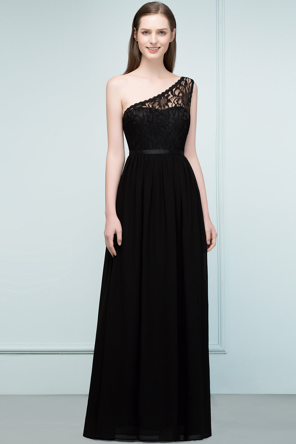 Stylish Black Chiffon One-Shoulder Lace Affordable Bridesmaid dresses - Fashionpara