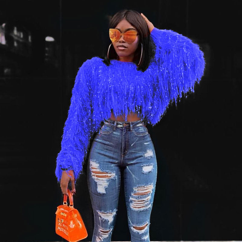 Crochet Knit Fringe Long Sleeve Cropped Sweater - Blue 3