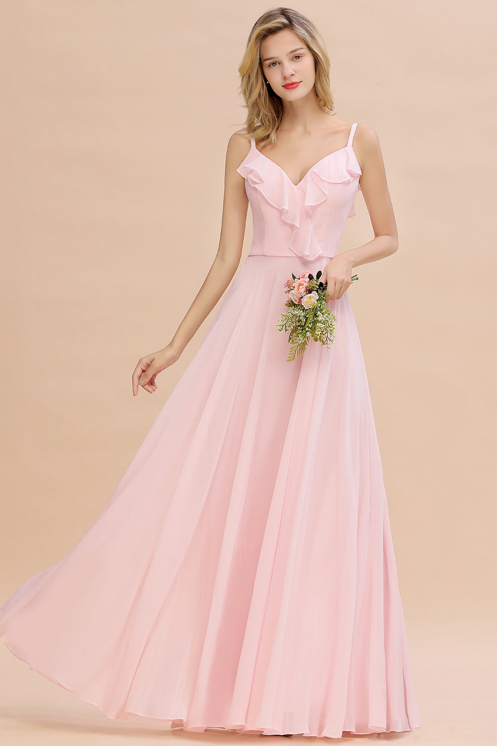 Stylish Draped V-Neck Pink Chiffon Bridesmaid Dresses with Spaghetti Straps - Fashionpara