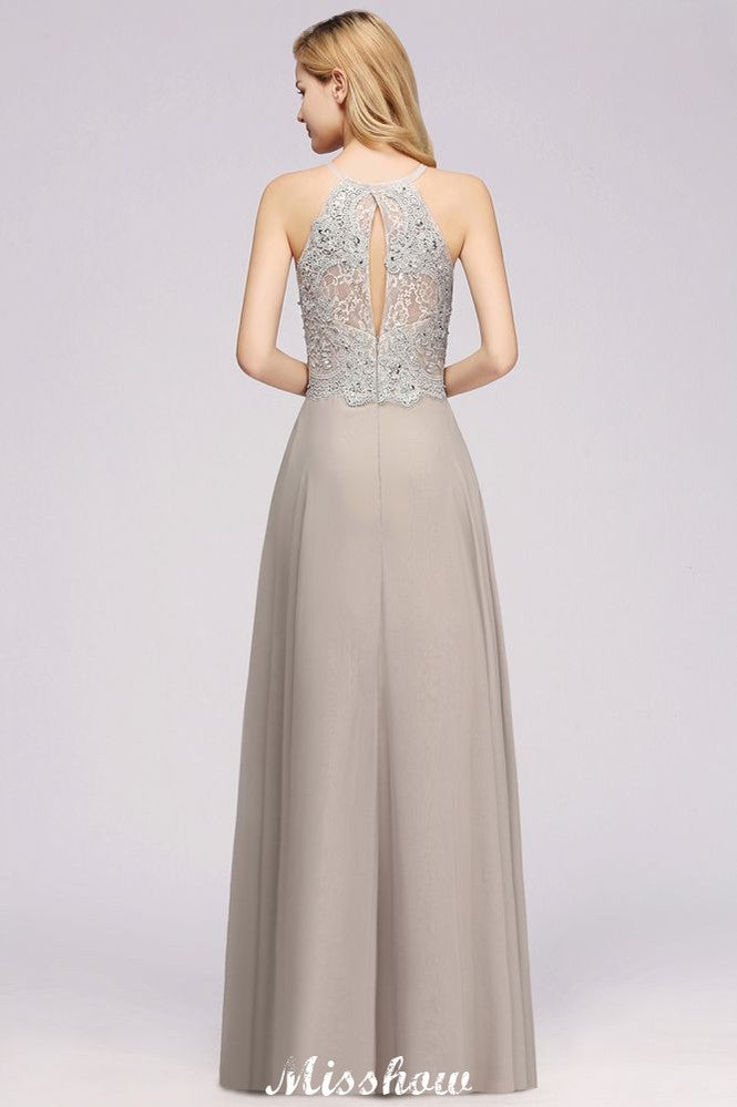 Stylish Floral Appliques Sleeveless Evening Party Gown Aline Silver Chiffon Long Bridesmaid Dress