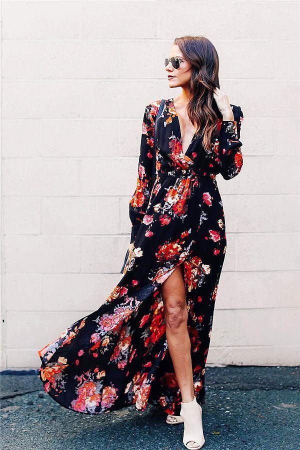 Stylish Floral Print Deep V Neck Maxi Dress