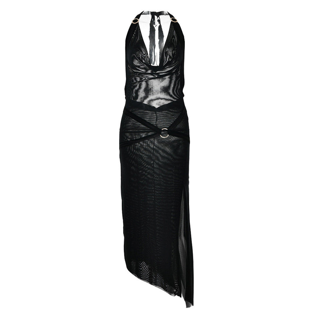 Mesh O-Ring Cowl Neck High-Slit Backless Midi Dress 3