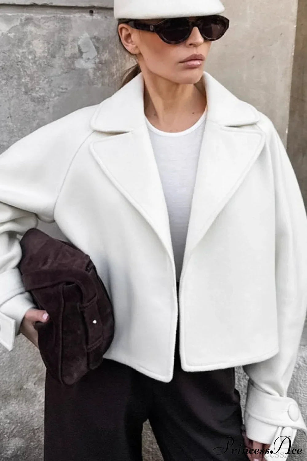 Stylish Notch-Lapel Loose Wool Short Coat White / S
