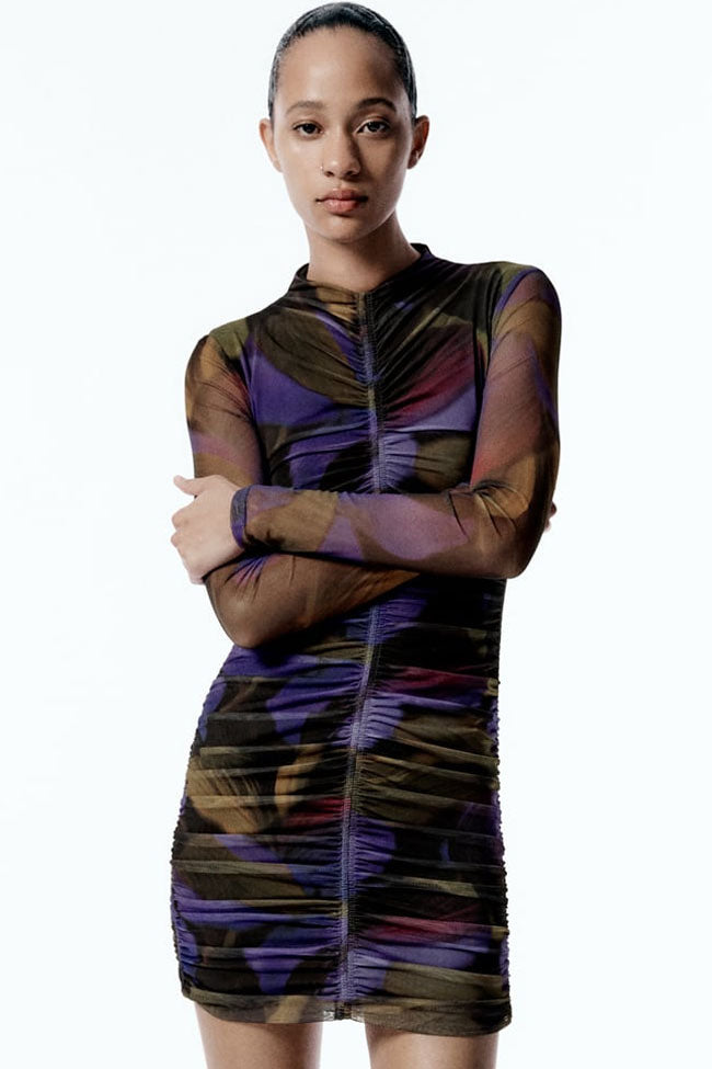 High Neck Long Sleeve Mesh Ruched Bodycon Mini Dress