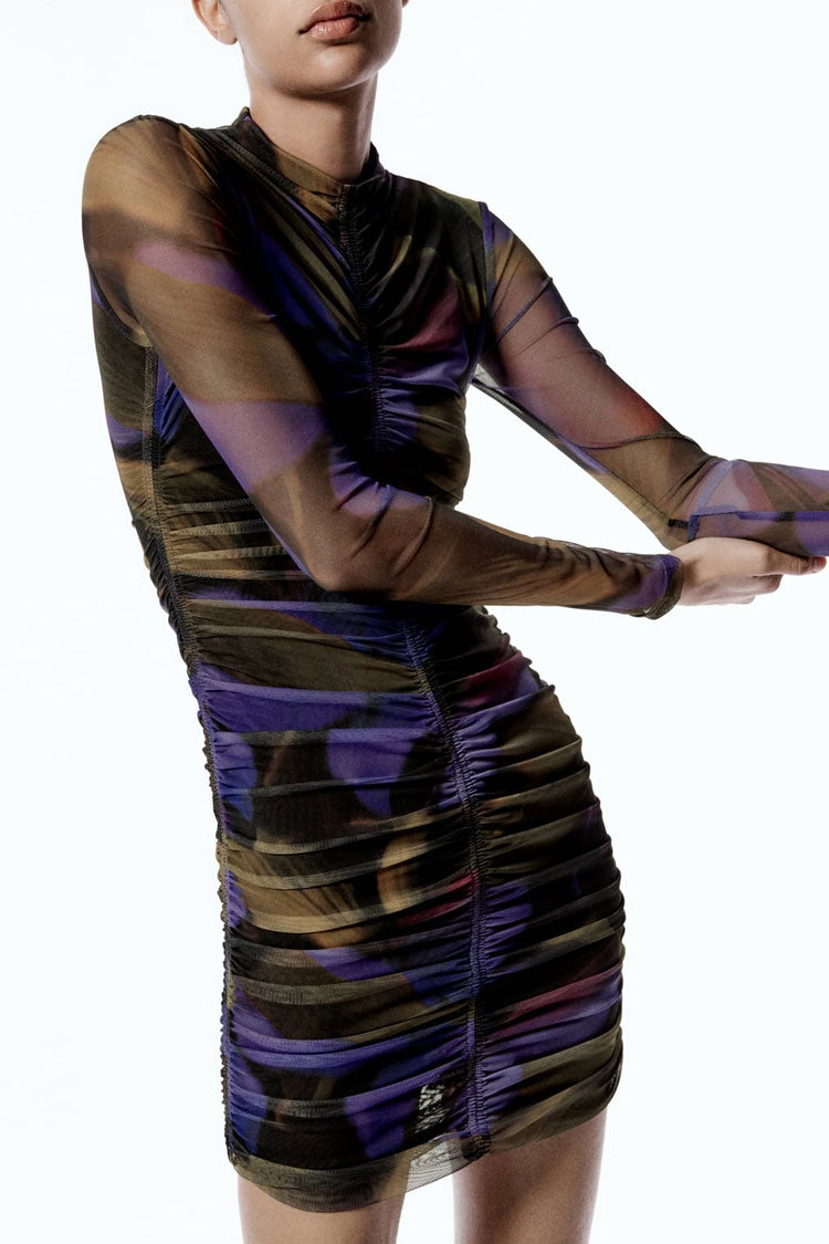 High Neck Long Sleeve Mesh Ruched Bodycon Mini Dress - View 2