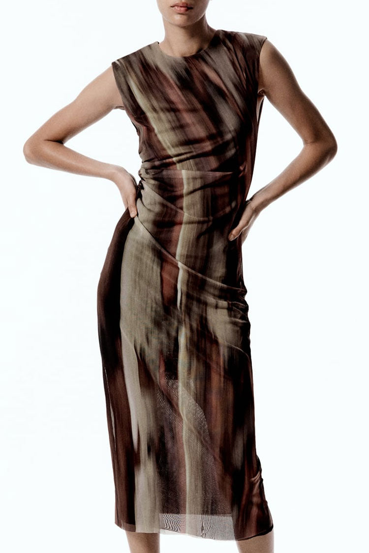 Abstract Print Mesh Sleeveless Ruched Bodycon Midi Dress