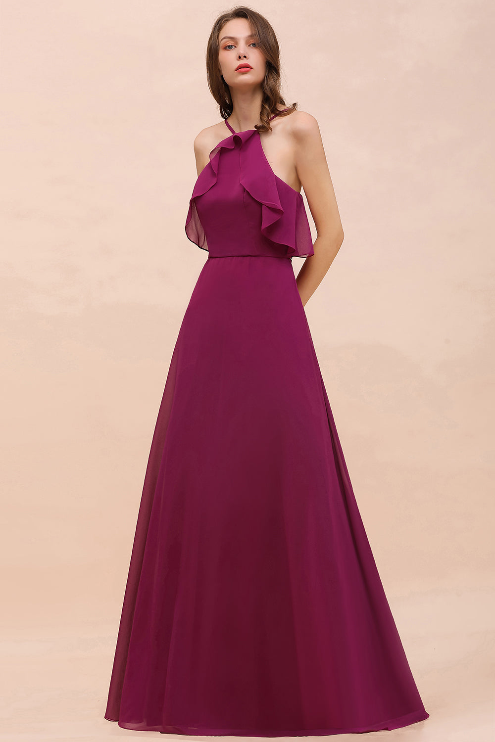 Stylish Spaghetti Straps Mulberry Chiffon Bridesmaid Dresses with Ruffles - Fashionpara