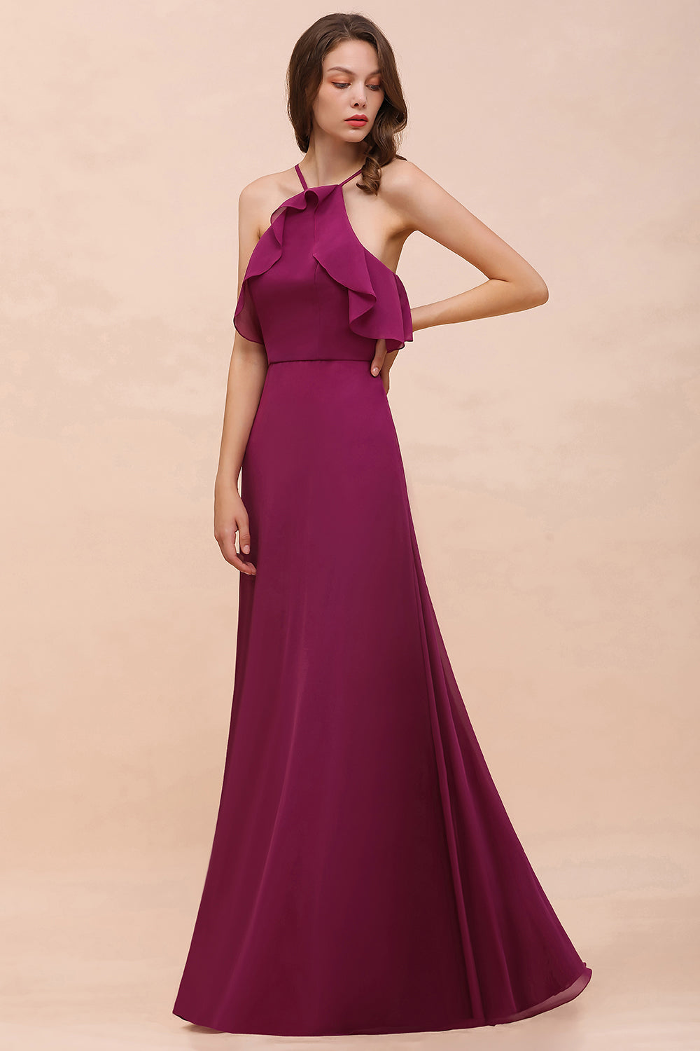 Stylish Spaghetti Straps Mulberry Chiffon Bridesmaid Dresses with Ruffles - Fashionpara