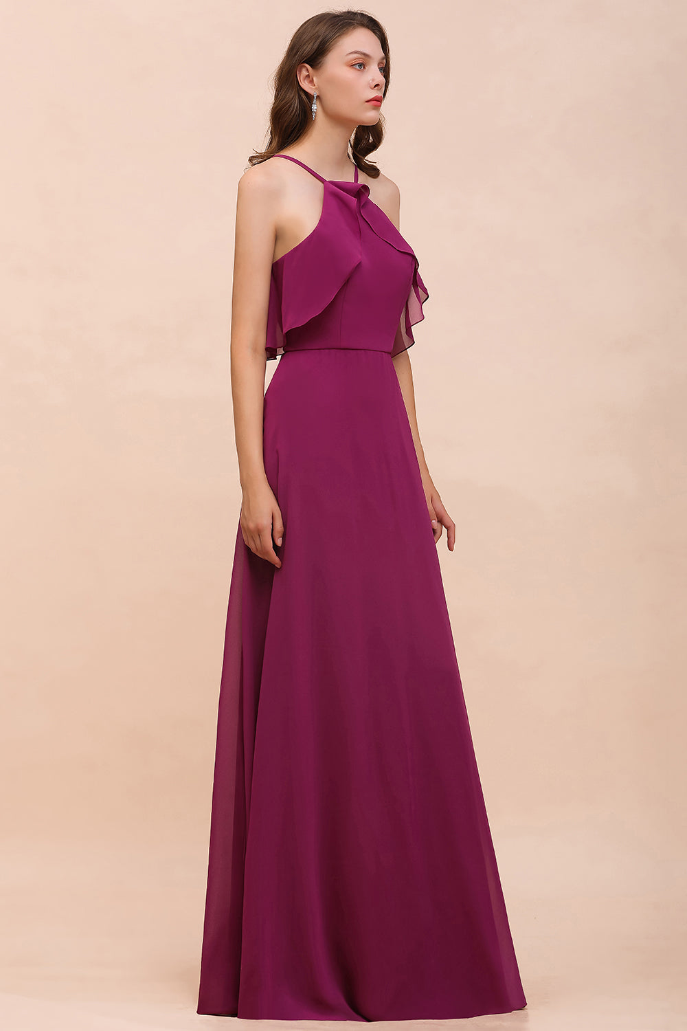 Stylish Spaghetti Straps Mulberry Chiffon Bridesmaid Dresses with Ruffles - Fashionpara
