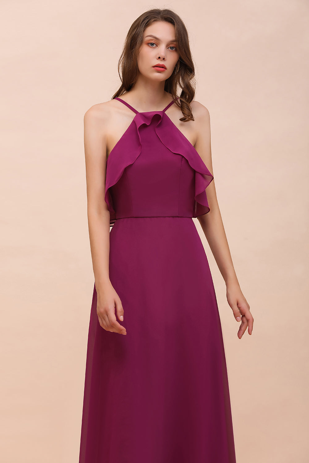 Stylish Spaghetti Straps Mulberry Chiffon Bridesmaid Dresses with Ruffles - Fashionpara