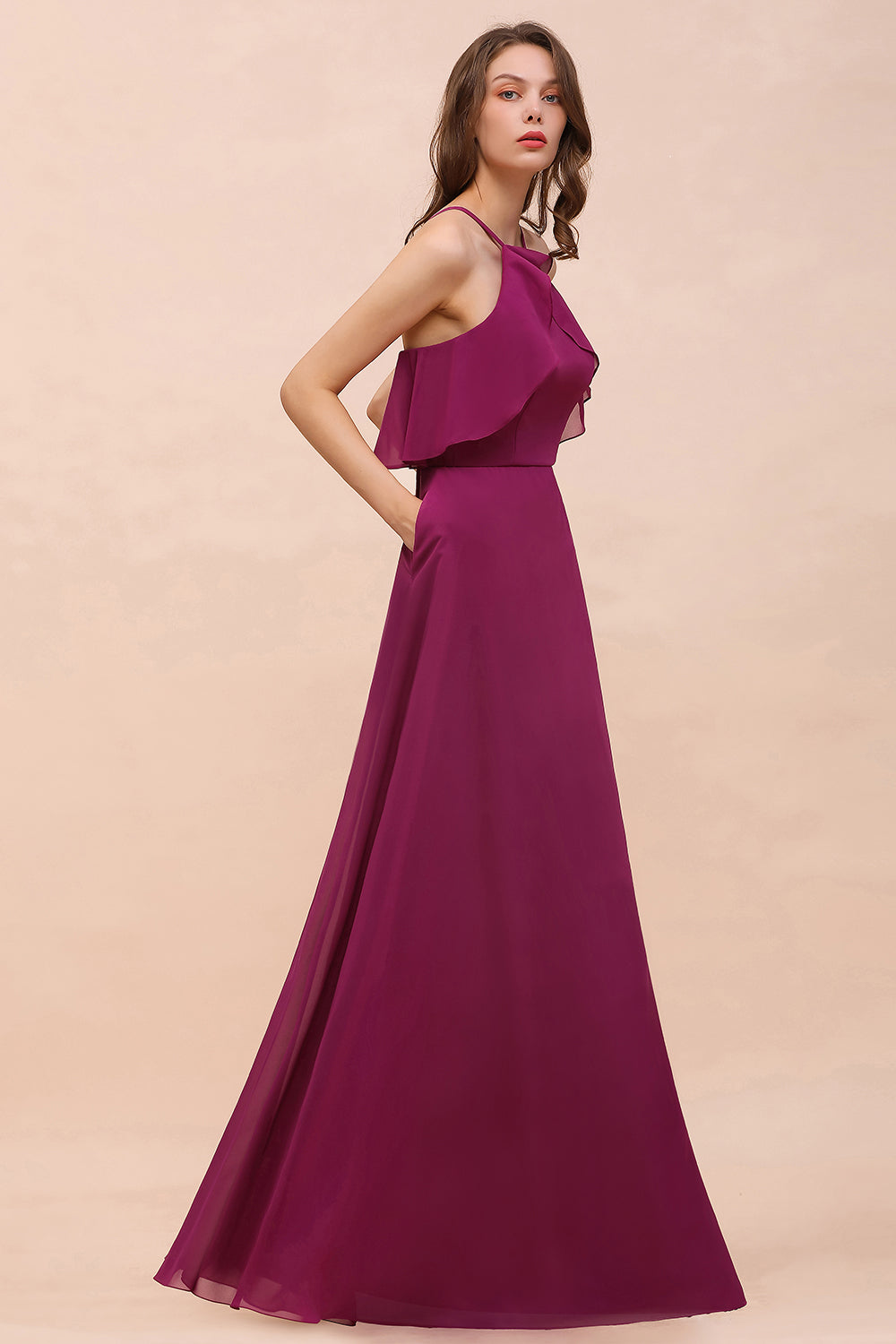 Stylish Spaghetti Straps Mulberry Chiffon Bridesmaid Dresses with Ruffles - Fashionpara
