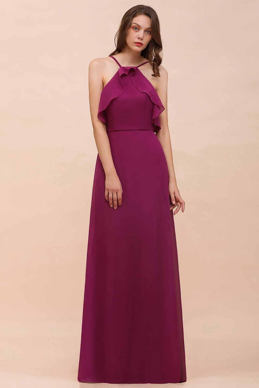 Stylish Spaghetti Straps Mulberry Chiffon Bridesmaid Dresses with Ruffles - Fashionpara