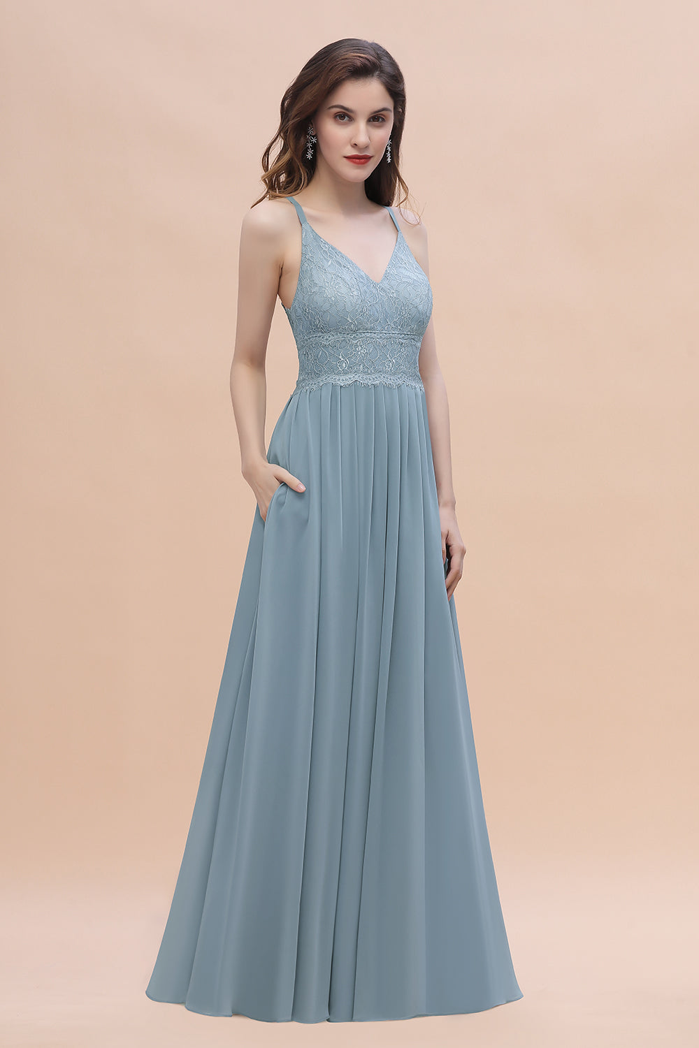 Stylish Straps V-Neck Chiffon Lace Dusty Blue Bridesmaid Dresses On Sale - Fashionpara