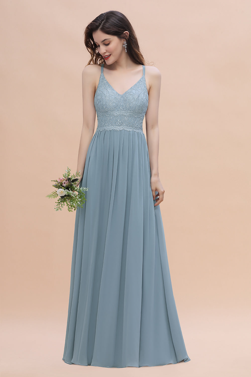 Stylish Straps V-Neck Chiffon Lace Dusty Blue Bridesmaid Dresses On Sale - Fashionpara