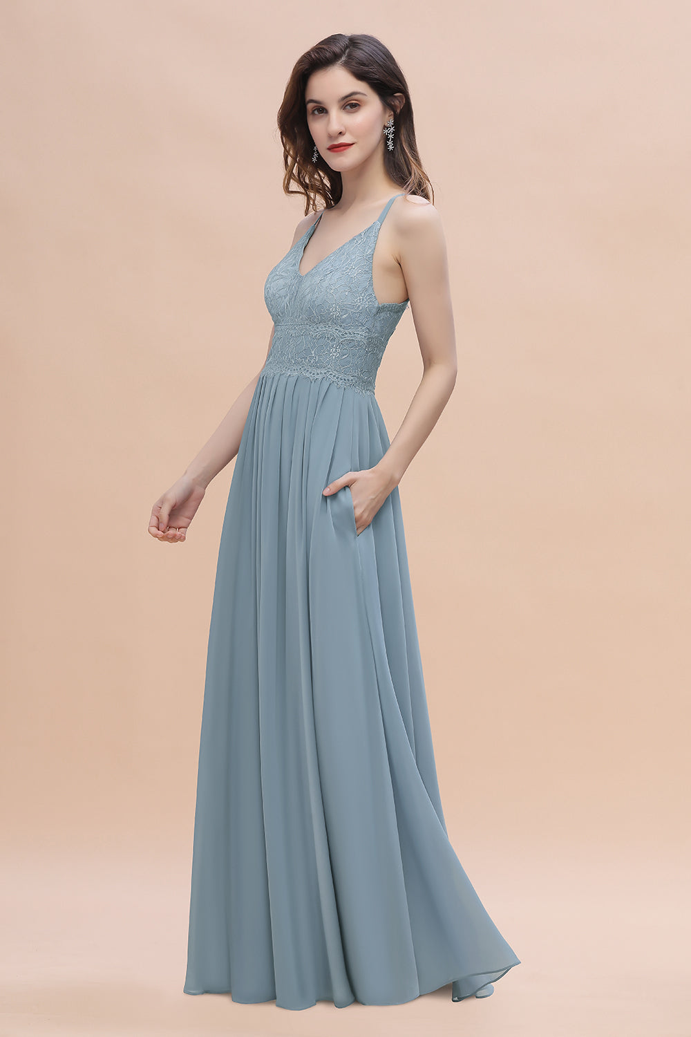 Stylish Straps V-Neck Chiffon Lace Dusty Blue Bridesmaid Dresses On Sale - Fashionpara