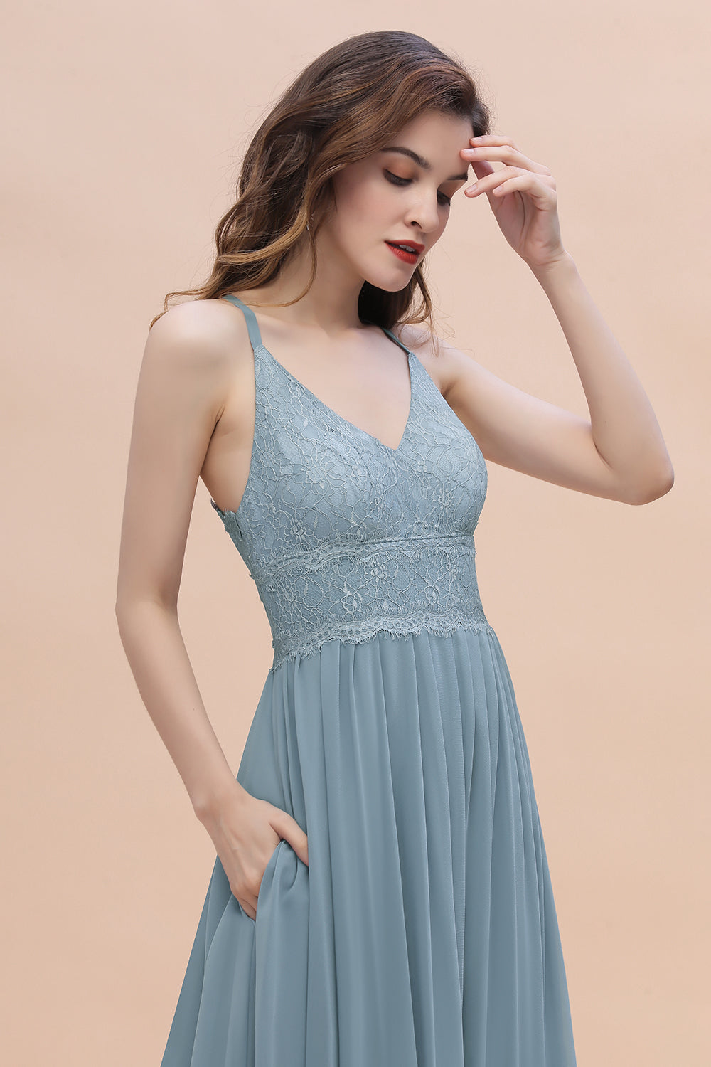Stylish Straps V-Neck Chiffon Lace Dusty Blue Bridesmaid Dresses On Sale - Fashionpara
