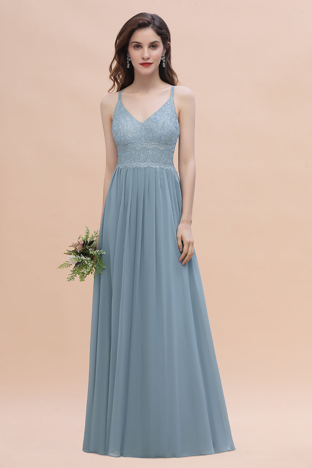 Stylish Straps V-Neck Chiffon Lace Dusty Blue Bridesmaid Dresses On Sale - Fashionpara