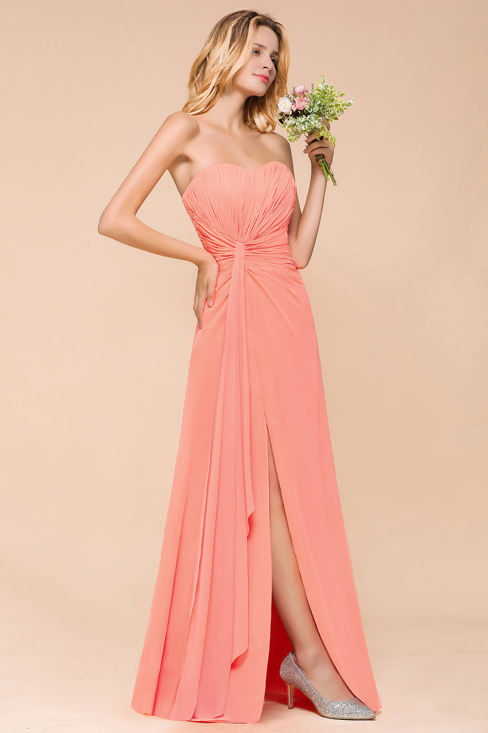 Stylish Sweetheart Ruffle Affordable Coral Chiffon Bridesmaid dresses - Fashionpara