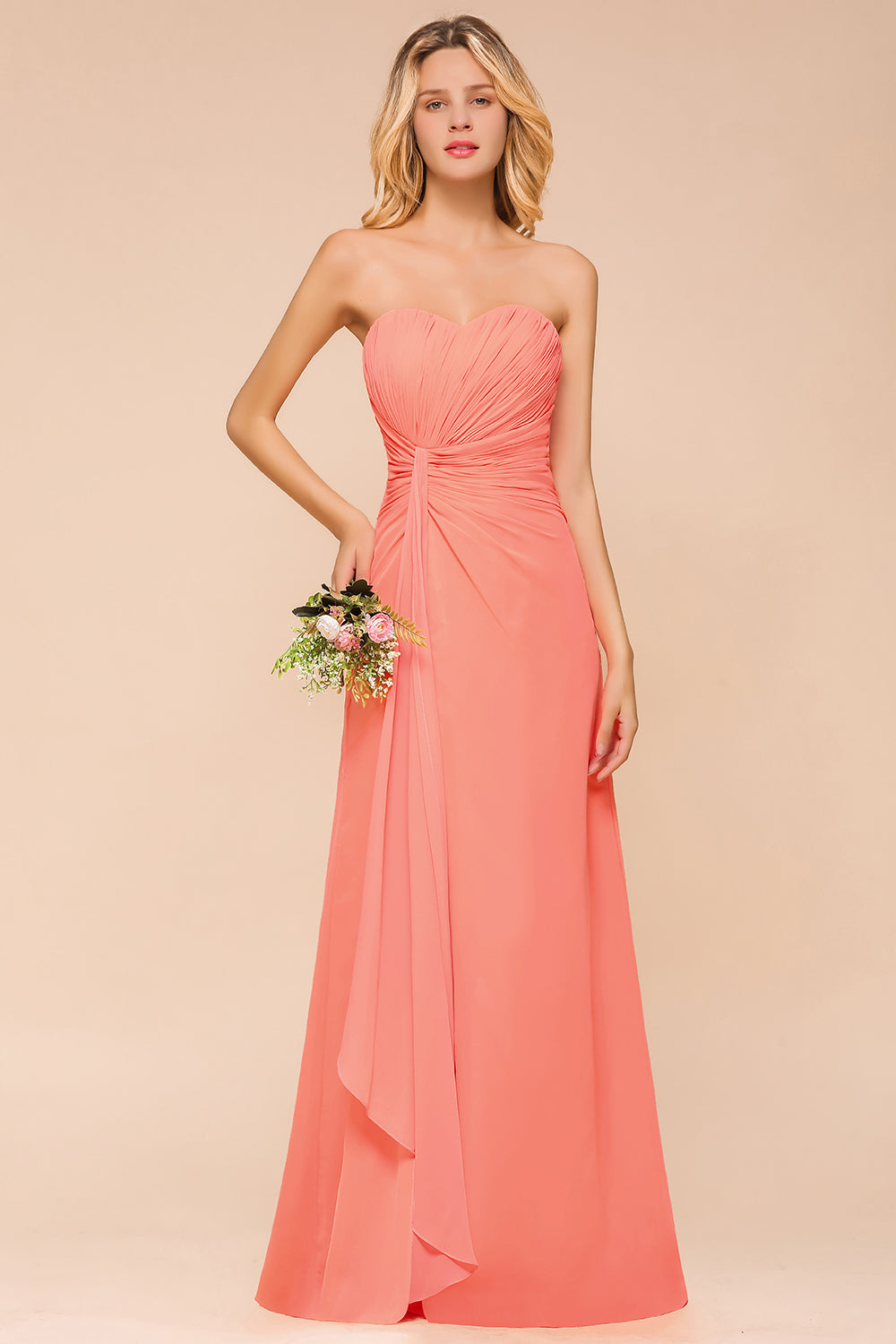 Stylish Sweetheart Ruffle Affordable Coral Chiffon Bridesmaid dresses - Fashionpara