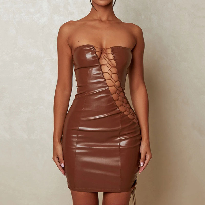Faux Leather Strapless Lace Up Cut Out Bodycon Mini Dress