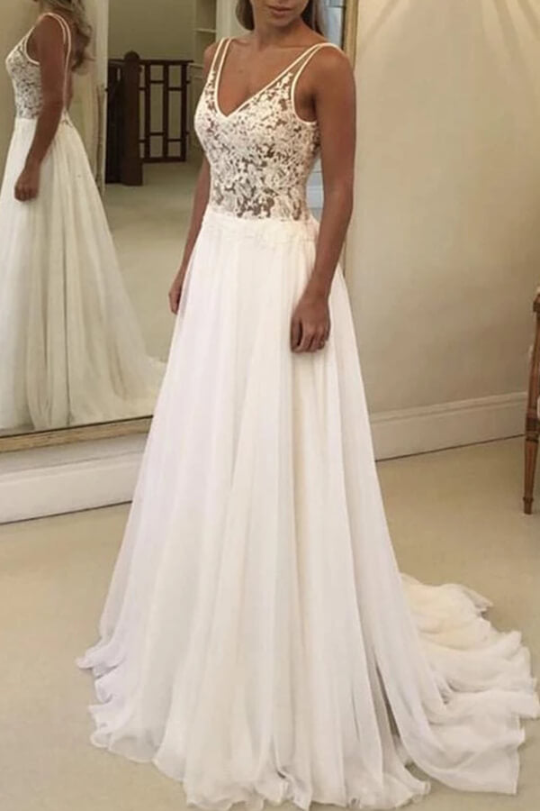 Summer Beach Lace Wedding Dress V-Neck Chiffon Bridal Gown - Fashionpara