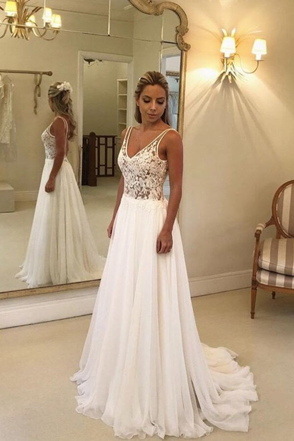 Summer Beach Lace Wedding Dress V-Neck Chiffon Bridal Gown - Fashionpara