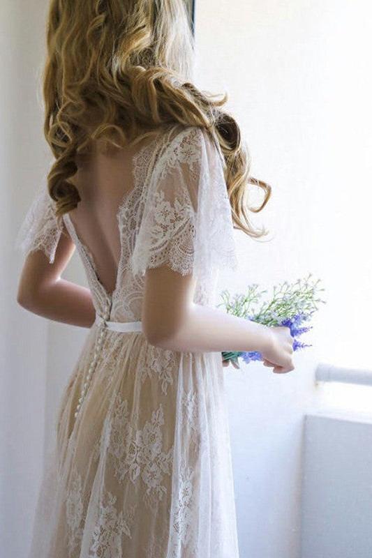 Summer Champange V neck Cap sleeveles Lace Beach Wedding Dress