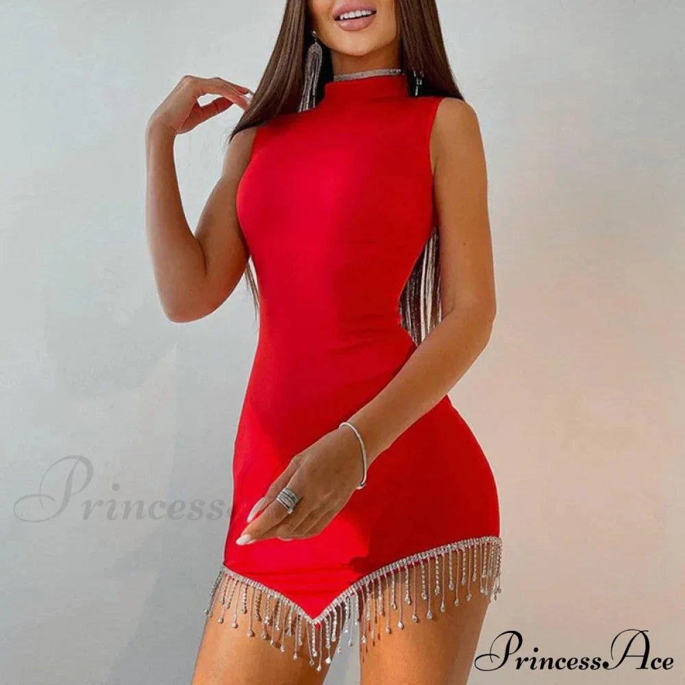 Summer Contrast Color Rhinestones Mini Dress - Round Neck Sleeveless Party Dress
