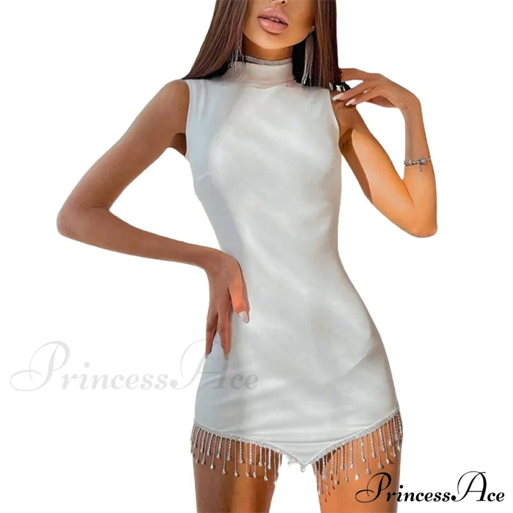 Summer Contrast Color Rhinestones Mini Dress - Round Neck Sleeveless Party White / S Christmas