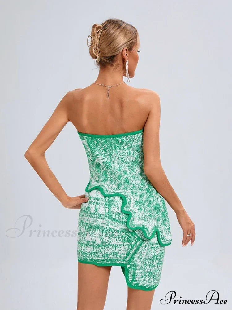 Summer Sexy Asymmetric Strapless Top Mini Skirts Two Piece Christmas Party Dress