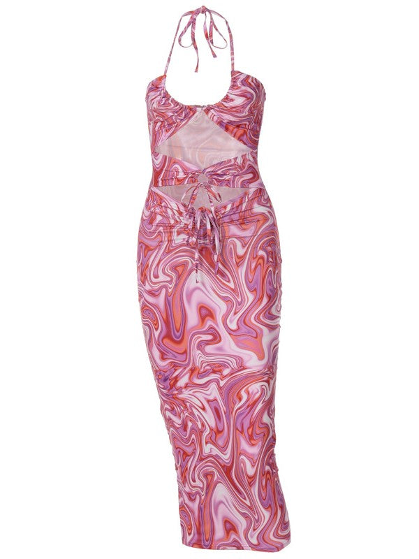 Sexy Slim Neckline Backless Print Dress
