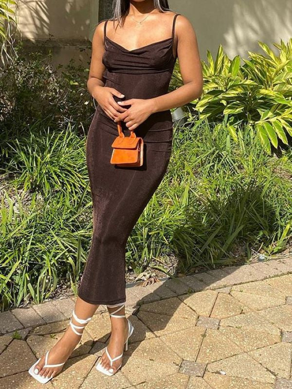 Satin Cowl-Neck Spaghetti Strap Bodycon Maxi Dress 2