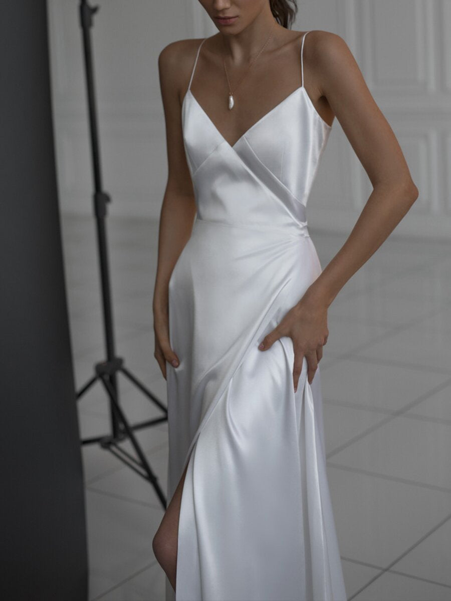Satin V-Neck Spaghetti Strap High Slit A-Line Gown 4