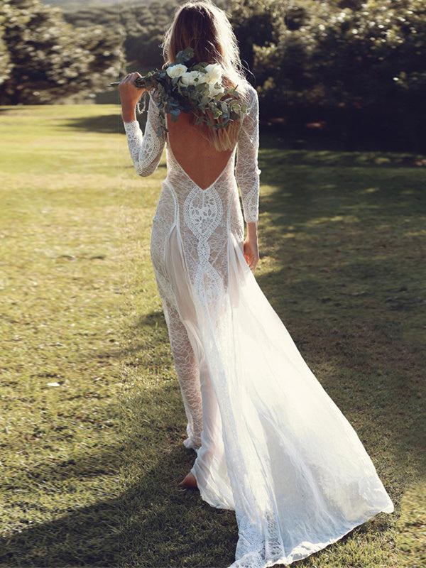 Romantic Lace Halter Floor-length Wedding Dress - View 3